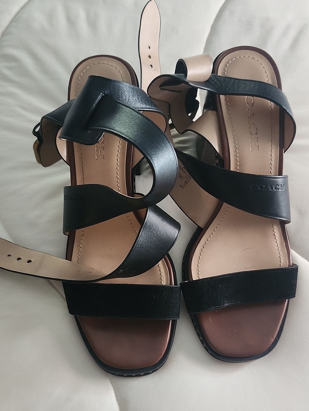 Coach Mandy Black and Tan Leather Strappy Sandals